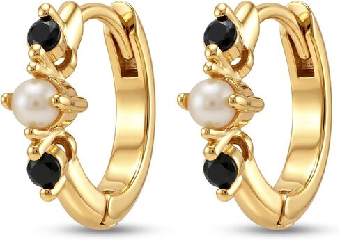 Pearl and Black Onyx Huggie Hoop Earrings for Women | 14K Yellow-Gold Plated Small Hoop Earrings with Pearl & Onyx Accents | Minimalist Everyday Jewelry Gift for Women in Saudi Arabia