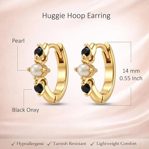 Pearl and Black Onyx Huggie Hoop Earrings for Women | 14K Yellow-Gold Plated Small Hoop Earrings with Pearl & Onyx Accents | Minimalist Everyday Jewelry Gift for Women in Saudi Arabia