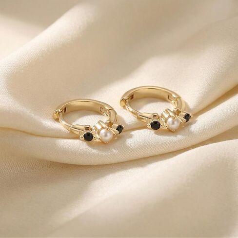 Pearl and Black Onyx Huggie Hoop Earrings for Women | 14K Yellow-Gold Plated Small Hoop Earrings with Pearl & Onyx Accents | Minimalist Everyday Jewelry Gift for Women in Saudi Arabia