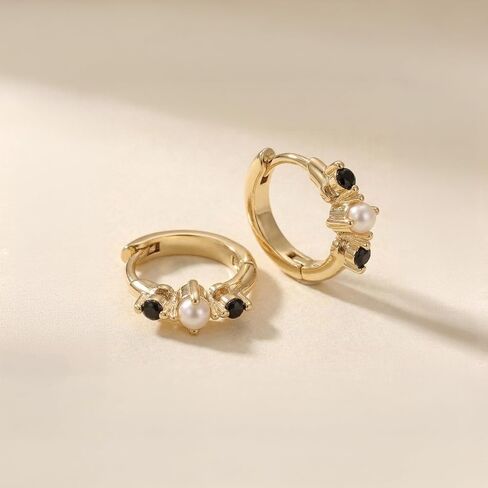 Pearl and Black Onyx Huggie Hoop Earrings for Women | 14K Yellow-Gold Plated Small Hoop Earrings with Pearl & Onyx Accents | Minimalist Everyday Jewelry Gift for Women in Saudi Arabia