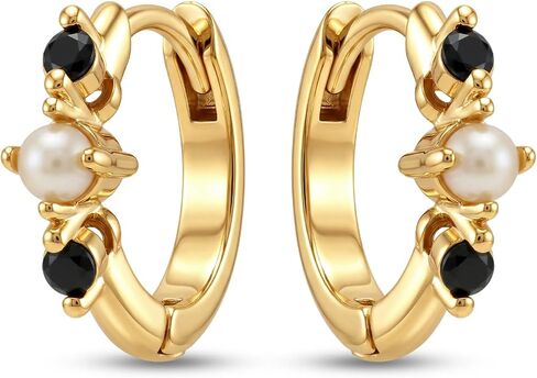 Pearl and Black Onyx Huggie Hoop Earrings for Women | 14K Yellow-Gold Plated Small Hoop Earrings with Pearl & Onyx Accents | Minimalist Everyday Jewelry Gift for Women in Saudi Arabia