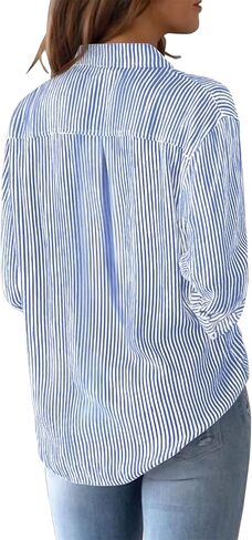 Striped Button Down Shirts for Women Cotton Dress Shirts Long Sleeve Collared Blouses Work Business Casual Tops-Blue and White 2XL in Saudi Arabia