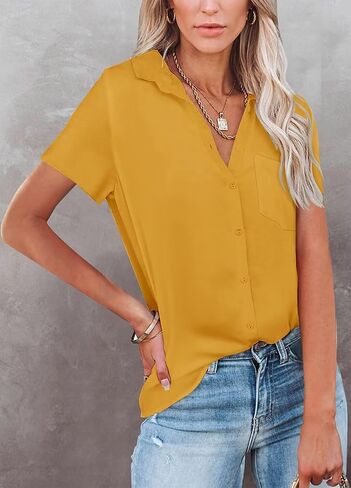 Womens Button Down V Neck Shirts Short Sleeve Office Casual Solid Business Work Blouses with Pockets in Kuwait