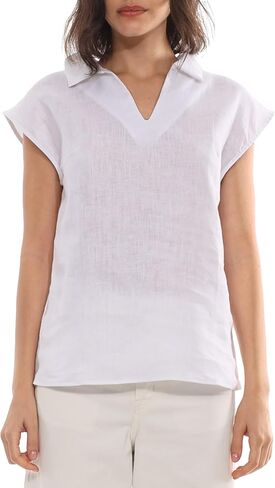 Amazhiyu Women's 100% Linen Summer Cap Sleeve Tops V Neck Collared Blouse Casual in Kuwait