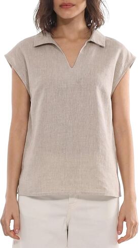 Amazhiyu Women's 100% Linen Summer Cap Sleeve Tops V Neck Collared Blouse Casual in Kuwait