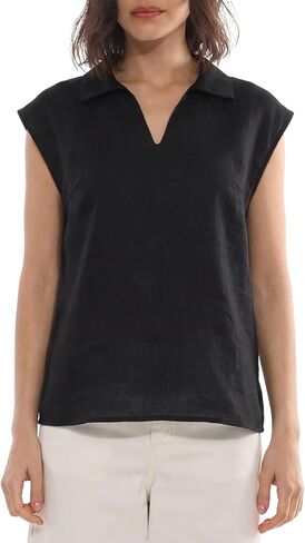 Amazhiyu Women's 100% Linen Summer Cap Sleeve Tops V Neck Collared Blouse Casual in Kuwait