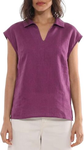 Amazhiyu Women's 100% Linen Summer Cap Sleeve Tops V Neck Collared Blouse Casual in Kuwait