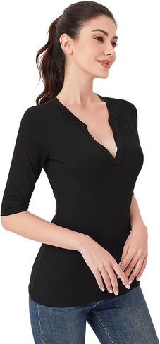 AmélieBoutik Women Deep V Neck Half Sleeve Knit Slim Fitted Tops Casual Work Solid Shirt Blouse in Kuwait