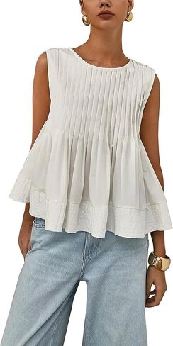 Pinclodly Babydoll Tops for Women Crewneck Pleated Peplum Tops Cute Ruffle Tank Tops Loose Y2K Sleeveless Going Out Tops in Saudi Arabia