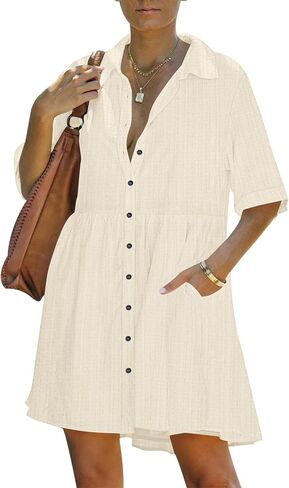 PYGFEMR Women's Summer Dress 2026 Short Sleeve Babydoll Tiered Button Down T Shirts Dresses with Pockets in Saudi Arabia