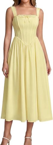 EYNMIN Floral Corset Midi Wedding Guest Dresses for Women 2026 Summer Lace Up Flowy Milkmaid Bridal Shower Engagement Dress in Saudi Arabia