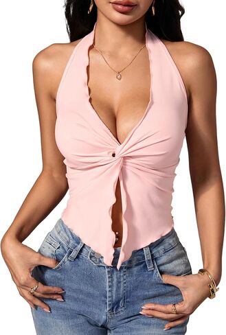 OYOANGLE Women's Twist Front Sleeveless Halter Top V Neck Asymmetrical Summer Crop Top Y2K in Kuwait