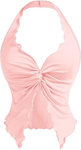 OYOANGLE Women's Twist Front Sleeveless Halter Top V Neck Asymmetrical Summer Crop Top Y2K in Kuwait