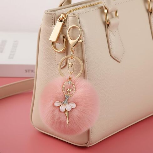 Ballerina Keychain – Pompom Keychains Bag Charms for Women with Pink Petal Tutu, & Rhinestone Key Chains Gifts for Dance & Art Lovers-Pink in Saudi Arabia