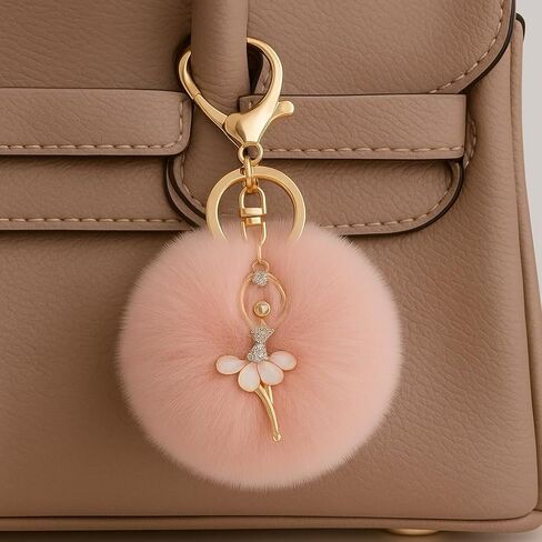 Ballerina Keychain – Pompom Keychains Bag Charms for Women with Pink Petal Tutu, & Rhinestone Key Chains Gifts for Dance & Art Lovers-Pink in Saudi Arabia
