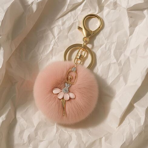 Ballerina Keychain – Pompom Keychains Bag Charms for Women with Pink Petal Tutu, & Rhinestone Key Chains Gifts for Dance & Art Lovers-Pink in Saudi Arabia