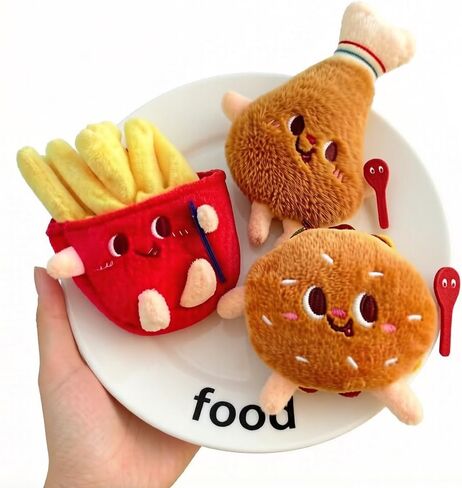 3 Pieces Cute Food Plush Car Keychains Set, Fried Chicken Burger French Fries Design, Soft Stuffed Doll Bag Charm with Keyring, Birthday Gifts for Friend in Saudi Arabia