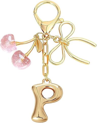 Bubble Initial Keychain for Women, Gold Letter Bag Charm with Bow & Cherry, Cute Handbag Accessory Gift in Saudi Arabia