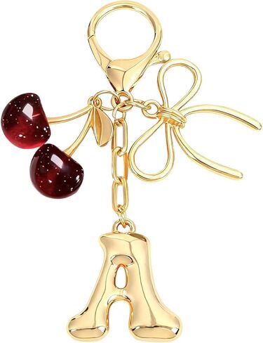 Bubble Initial Keychain for Women, Gold Letter Bag Charm with Bow & Cherry, Cute Handbag Accessory Gift in Saudi Arabia