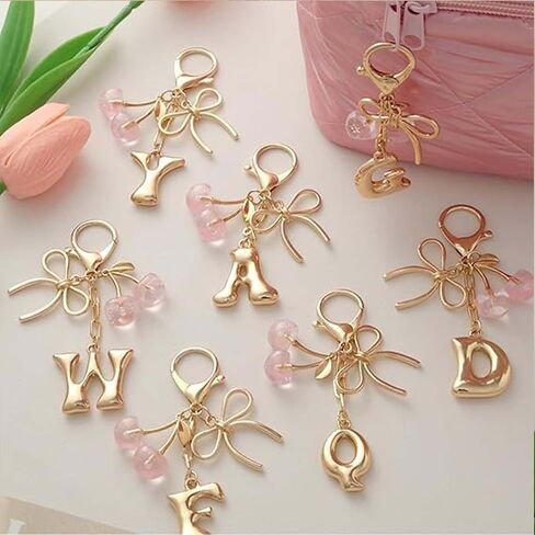 Bubble Initial Keychain for Women, Gold Letter Bag Charm with Bow & Cherry, Cute Handbag Accessory Gift in Saudi Arabia