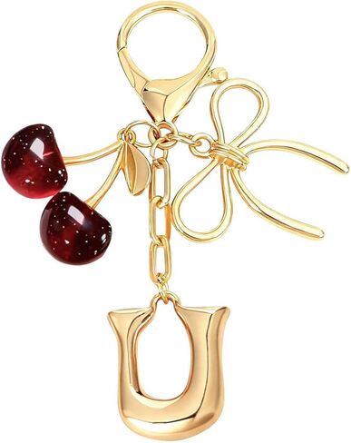 Bubble Initial Keychain for Women, Gold Letter Bag Charm with Bow & Cherry, Cute Handbag Accessory Gift in Saudi Arabia