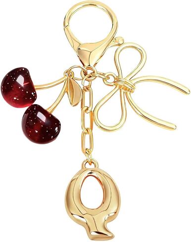 Bubble Initial Keychain for Women, Gold Letter Bag Charm with Bow & Cherry, Cute Handbag Accessory Gift in Saudi Arabia