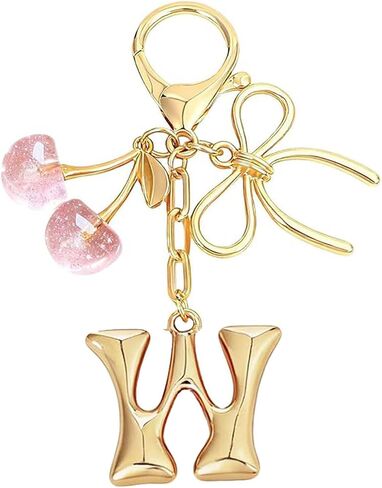 Bubble Initial Keychain for Women, Gold Letter Bag Charm with Bow & Cherry, Cute Handbag Accessory Gift in Saudi Arabia