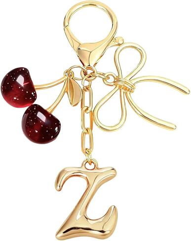 Bubble Initial Keychain for Women, Gold Letter Bag Charm with Bow & Cherry, Cute Handbag Accessory Gift in Saudi Arabia