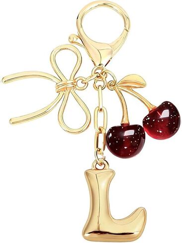 Bubble Initial Keychain for Women, Gold Letter Bag Charm with Bow & Cherry, Cute Handbag Accessory Gift in Saudi Arabia