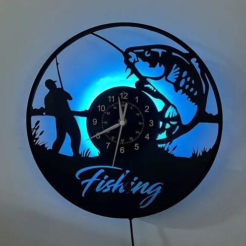 Fisherman LED Digital Wall Clock - Silent Non-Ticking, Circular Vinyl Design with Fishing Scene Art, Battery-Powered (AA Not Included) - Perfect for Bedroom, Living Room Decor in Saudi Arabia