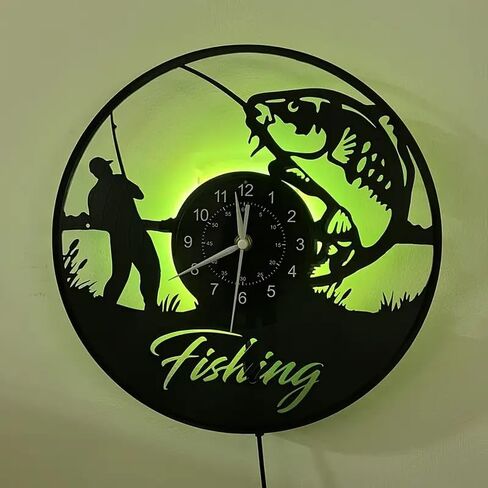 Fisherman LED Digital Wall Clock - Silent Non-Ticking, Circular Vinyl Design with Fishing Scene Art, Battery-Powered (AA Not Included) - Perfect for Bedroom, Living Room Decor in Saudi Arabia