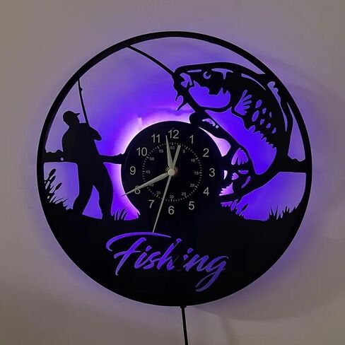 Fisherman LED Digital Wall Clock - Silent Non-Ticking, Circular Vinyl Design with Fishing Scene Art, Battery-Powered (AA Not Included) - Perfect for Bedroom, Living Room Decor in Saudi Arabia