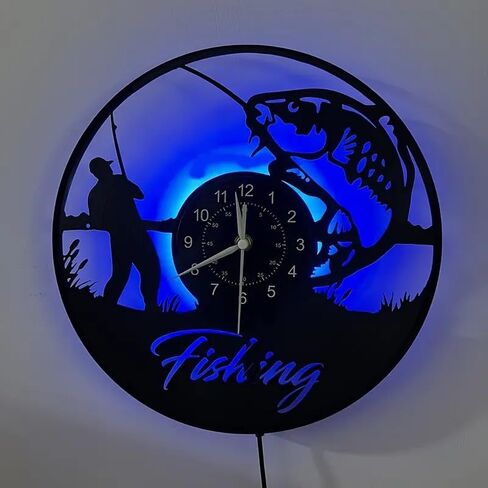 Fisherman LED Digital Wall Clock - Silent Non-Ticking, Circular Vinyl Design with Fishing Scene Art, Battery-Powered (AA Not Included) - Perfect for Bedroom, Living Room Decor in Saudi Arabia