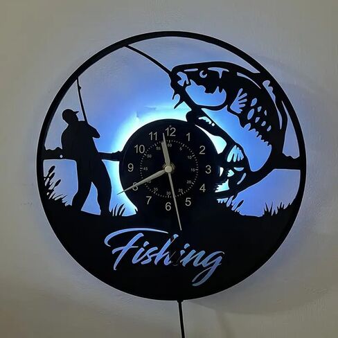 Fisherman LED Digital Wall Clock - Silent Non-Ticking, Circular Vinyl Design with Fishing Scene Art, Battery-Powered (AA Not Included) - Perfect for Bedroom, Living Room Decor in Saudi Arabia