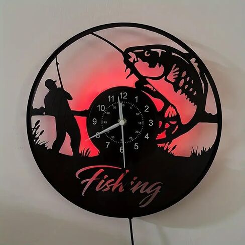 Fisherman LED Digital Wall Clock - Silent Non-Ticking, Circular Vinyl Design with Fishing Scene Art, Battery-Powered (AA Not Included) - Perfect for Bedroom, Living Room Decor in Saudi Arabia