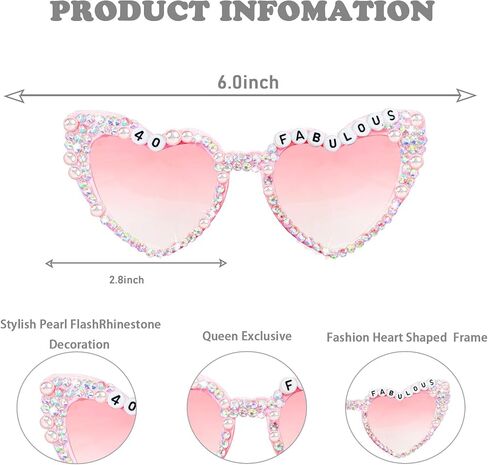 40th Birthday Glasses for Women - Pink 40 & Fabulous Shiny Diamond Pearl Sunglasses for Women 40th Birthday Party Supplies in Saudi Arabia