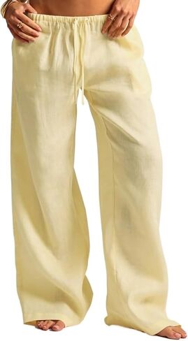 Women's Casual Mid Waist Wide Leg Drawstring Pants Pockets Lightweight Trousers for Summer Vacation in Saudi Arabia
