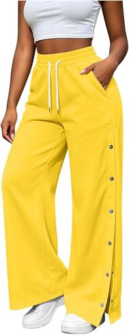 Sweatpants Women Drawstring Elastic High Waisted Wide Leg Pants Side Split Snap Button Casual Trousers with Pockets in Saudi Arabia