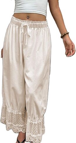 Womens Wide Leg Pants Woman Y2K Lace Trim Hem Long Bloomers Drawstring Drawstring Mid Rise Lightweight Casual Loose Trousers in Kuwait