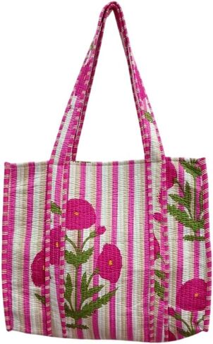 YILLE Indian Design Tote Bag Handmade Block Quilted Fabric Stitch Bag Inside 1 Pocket Good For Shopping Bag Market Picnic in Saudi Arabia