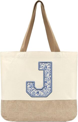Initial Canvas Tote Bag, Womens Personalized Monogram J Tote Bags, Suitable for Wedding Engagement Parties Honeymoon Birthday Beach Holiday, Gift for Women Grandma Mom Teacher Friends Bridesmaids in Saudi Arabia