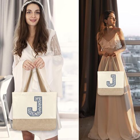 Initial Canvas Tote Bag, Womens Personalized Monogram J Tote Bags, Suitable for Wedding Engagement Parties Honeymoon Birthday Beach Holiday, Gift for Women Grandma Mom Teacher Friends Bridesmaids in Saudi Arabia