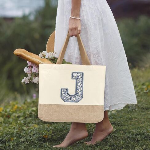 Initial Canvas Tote Bag, Womens Personalized Monogram J Tote Bags, Suitable for Wedding Engagement Parties Honeymoon Birthday Beach Holiday, Gift for Women Grandma Mom Teacher Friends Bridesmaids in Saudi Arabia