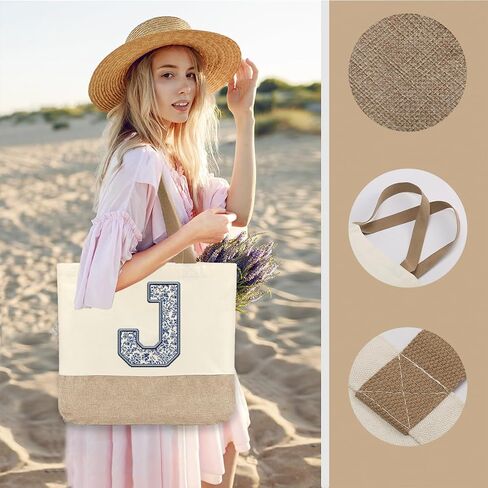Initial Canvas Tote Bag, Womens Personalized Monogram J Tote Bags, Suitable for Wedding Engagement Parties Honeymoon Birthday Beach Holiday, Gift for Women Grandma Mom Teacher Friends Bridesmaids in Saudi Arabia