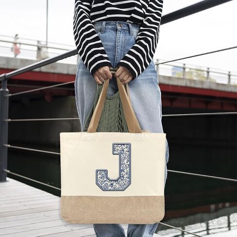 Initial Canvas Tote Bag, Womens Personalized Monogram J Tote Bags, Suitable for Wedding Engagement Parties Honeymoon Birthday Beach Holiday, Gift for Women Grandma Mom Teacher Friends Bridesmaids in Saudi Arabia