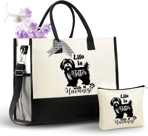 InnoBeta Havanese Gifts for Women, Life Is Better with A Havanese, Canvas Tote Bag for Dog Mom, Dog Lover, Owner, Bag with Top Zipper Closure and Shoulder Strap for Birthday in Kuwait