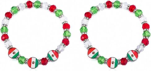 2PCS Mexico Flag Beaded Bracelets Set, Adjustable Handmade Crystal Glass Stretch Bracelet with Zinc Alloy Flag Charm, Patriotic Jewelry for Mexican Holiday, Soccer Games & Travel Souvenir in Saudi Arabia