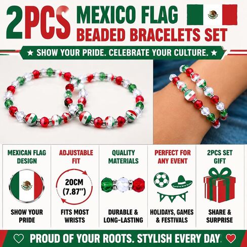 2PCS Mexico Flag Beaded Bracelets Set, Adjustable Handmade Crystal Glass Stretch Bracelet with Zinc Alloy Flag Charm, Patriotic Jewelry for Mexican Holiday, Soccer Games & Travel Souvenir in Saudi Arabia