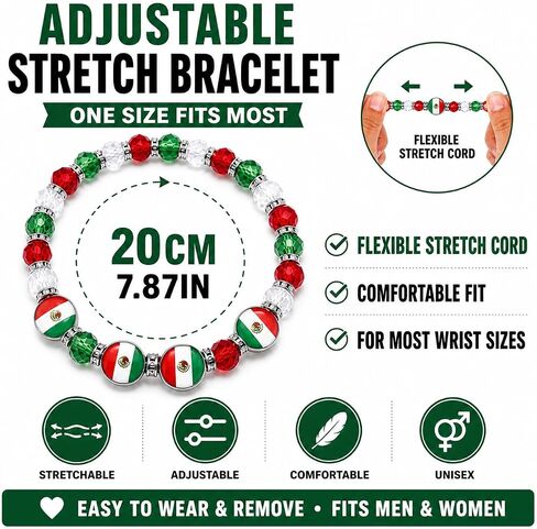 2PCS Mexico Flag Beaded Bracelets Set, Adjustable Handmade Crystal Glass Stretch Bracelet with Zinc Alloy Flag Charm, Patriotic Jewelry for Mexican Holiday, Soccer Games & Travel Souvenir in Saudi Arabia