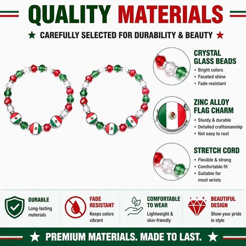 2PCS Mexico Flag Beaded Bracelets Set, Adjustable Handmade Crystal Glass Stretch Bracelet with Zinc Alloy Flag Charm, Patriotic Jewelry for Mexican Holiday, Soccer Games & Travel Souvenir in Saudi Arabia